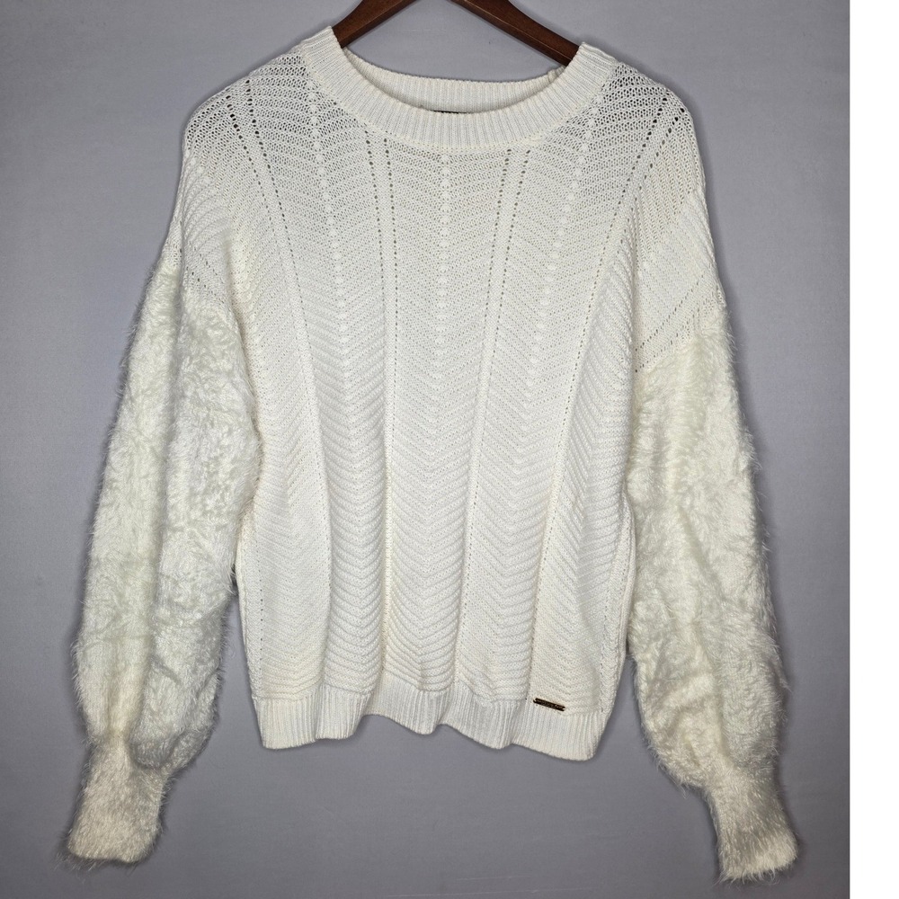 Marc‎ New York Andrew Marc Ivory Fuzzy Sleeve Cable Knit Sweater Med Cozy